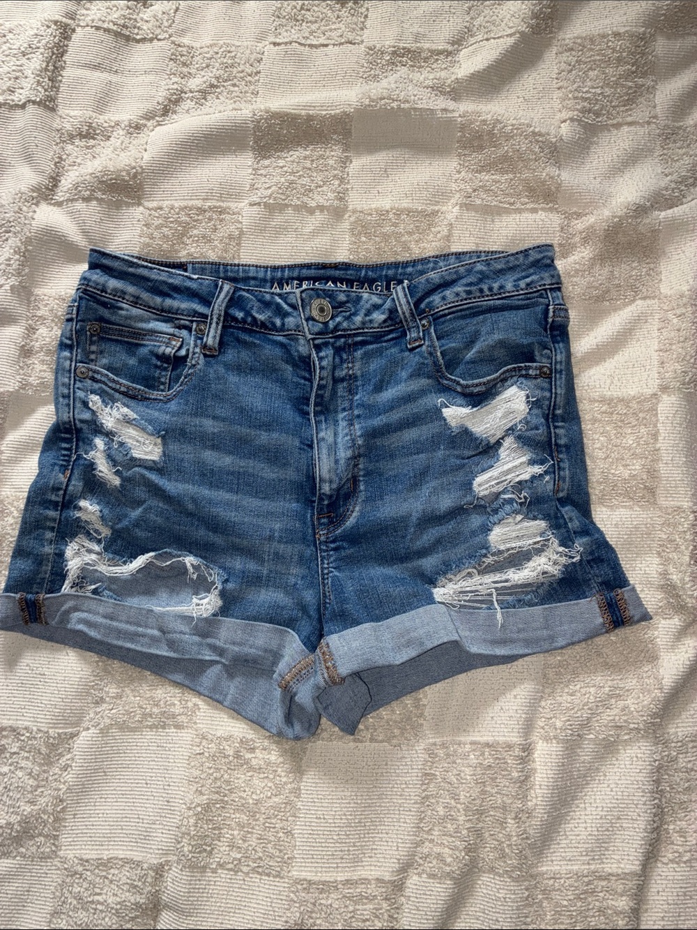 American Eagle Outfitters Distressed Rolled-Hem Denim Shorts - Blue